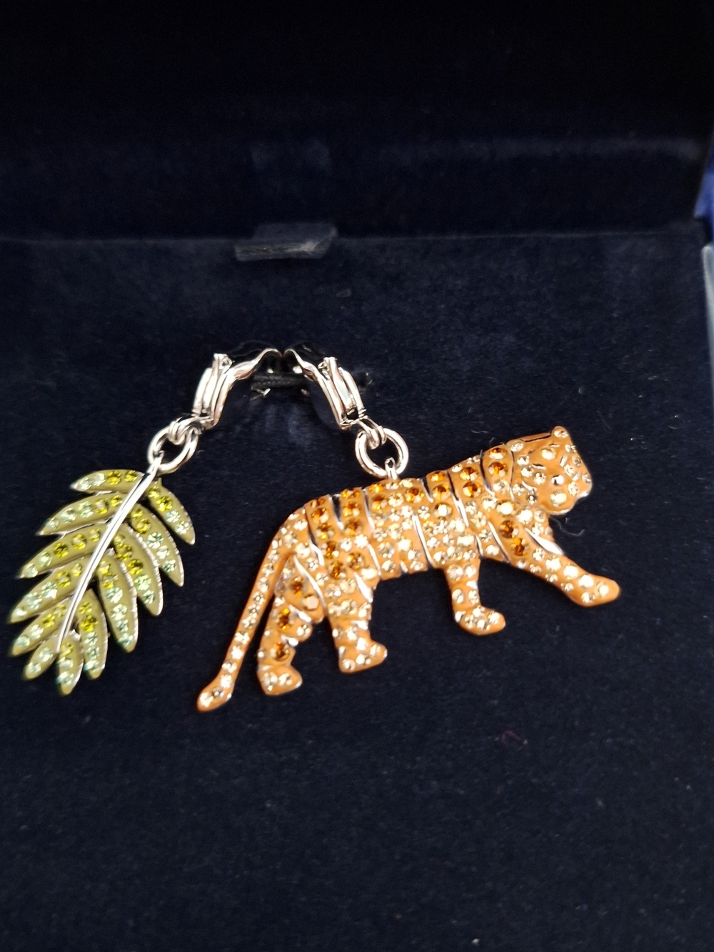 Swarovski Orange Crystal Tiger and Green Leaf Brooch Charm